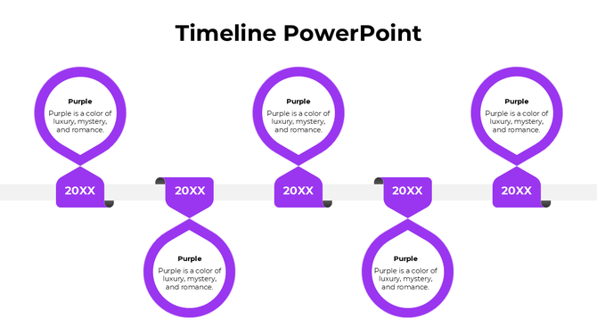 Grey loop timeline with alternating milestones labeled 20XX along a horizontal axis placed in white background.