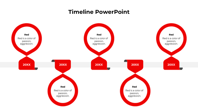Business timeline slide with five red circular elements, on a horizontal connector, and text placeholders for key events.