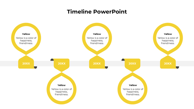 A timeline PowerPoint template in vibrant yellow, featuring circular markers and connecting arrows for each milestone.