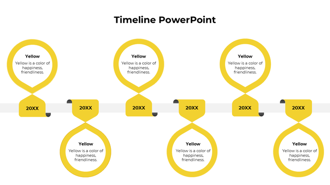 A vibrant yellow timeline PowerPoint template with circles highlighting each milestone and arrows to indicate progress.