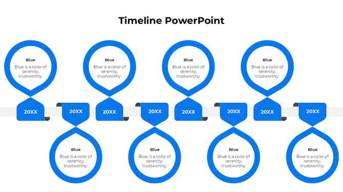 A timeline PPT slide with eight blue steps, each accompanied by a description of the blue color on a white background.
