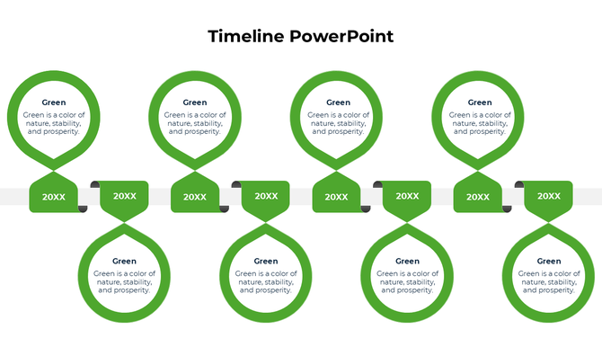 Structured green themed timeline template with eight alternating circular markers and placeholders for key events.