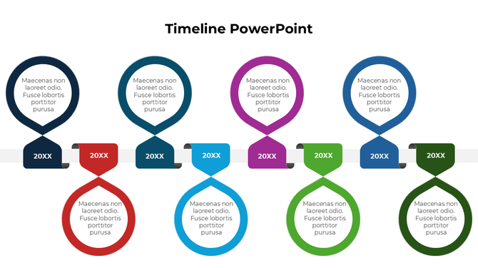 Colorful timeline PPT slide with multiple sections in varying shades, each marked with a year and brief placeholder text.