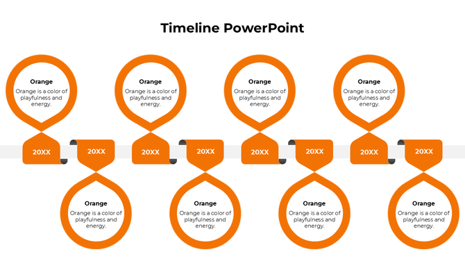 A timeline PPT slide with eight orange steps, each accompanied by a description of the blue color on a white background.