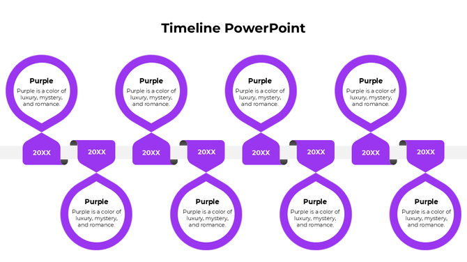 Gray timeline design with looped nodes displaying 20XX dates, linked by horizontal connectors placed in white background.