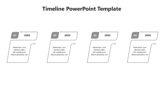 Gray timeline with four stages, each linked to a text box, designed for a structured visual flow.