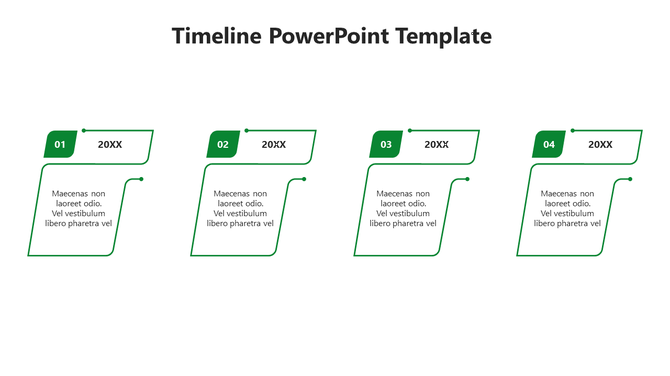A colorful timeline ideas PowerPoint template with four stages, each represented by green color shapes and captions.