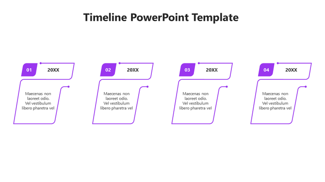 Sequential purple timeline layout with four angled boxes for details and a minimalistic structured design.