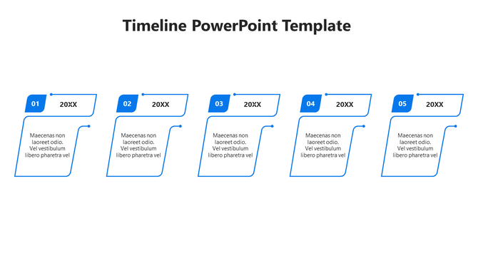 Horizontal timeline template with five blue gradient labels, each linked to a description box for process steps.