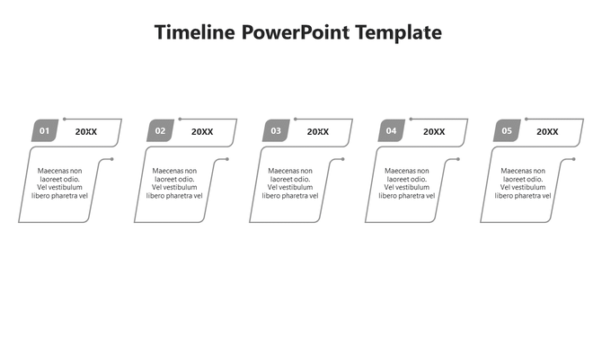 A simple gray timeline PowerPoint template with five sections, each labeled with a number and placeholder text.