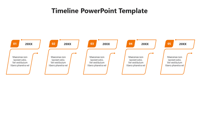 Modern timeline infographic featuring five slanted text boxes in orange with placeholders for years and descriptions.