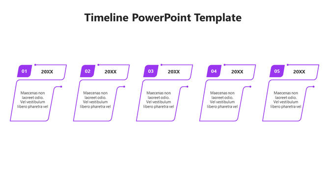 Structured timeline design with five purple step indicators, each with a label, date placeholder, and description box.