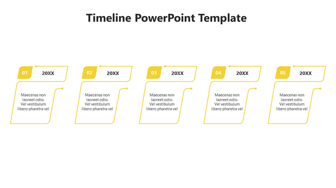 Green color coded timeline with five steps, numbered from 01 to 05, linked to description boxes placed in white backdrop.