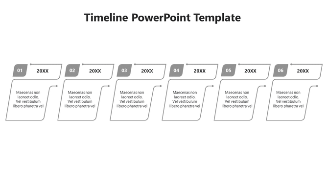 A timeline ideas template with six stages, each featuring grey colored boxes and placeholder text.