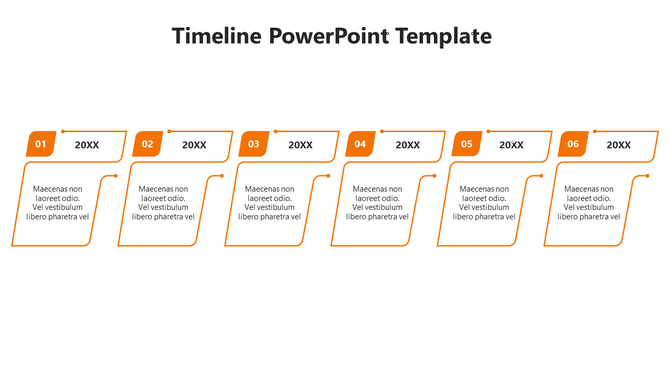 Timeline layout with a bold orange theme, featuring six rectangular year markers, and text placeholders below.