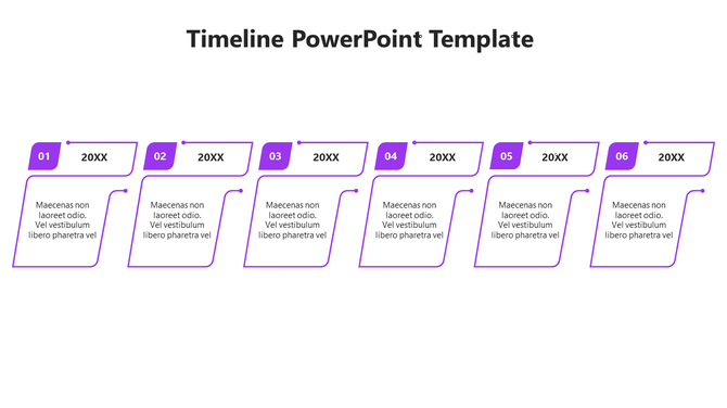A timeline ideas template with six stages, each featuring purple colored boxes and placeholder text.