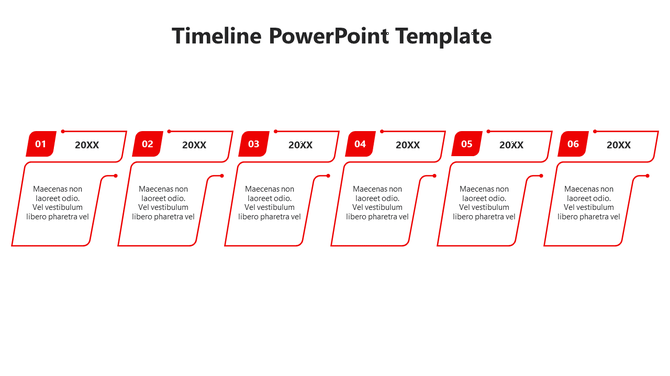 Horizontal green timeline showing six sequential steps with numbered markers and placeholder text boxes.
