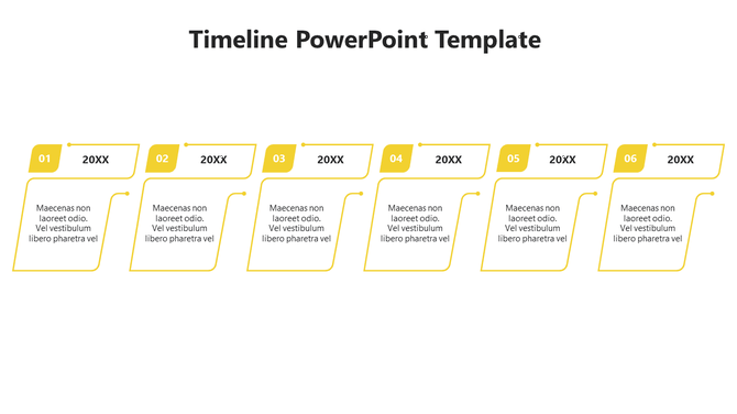 Timeline slide with six outlined text boxes in yellow, each showing a numbered stage and placeholder text.