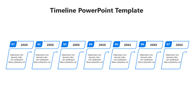 Blue seven step timeline with sleek rectangular labels and connected description boxes underneath.