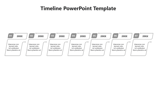 A seven step gray timeline PowerPoint template with captions and year markers.