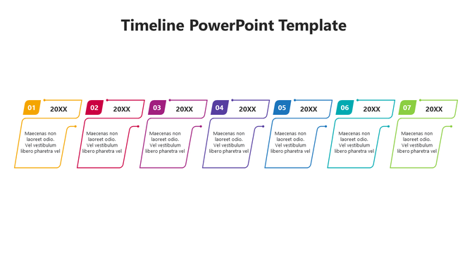 Timeline slide with seven numbered steps in yellow, red, pink, purple, blue, teal, and green, each with a label and text box.