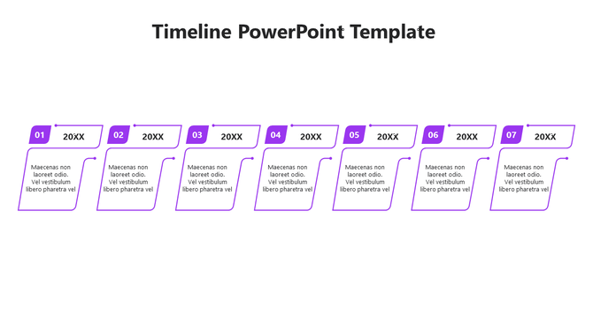 A vibrant timeline PowerPoint template with seven steps and purple accents.
