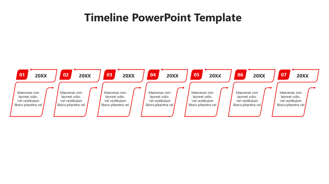 Green themed timeline template with seven stages and description boxes beneath each label placed in a white background.