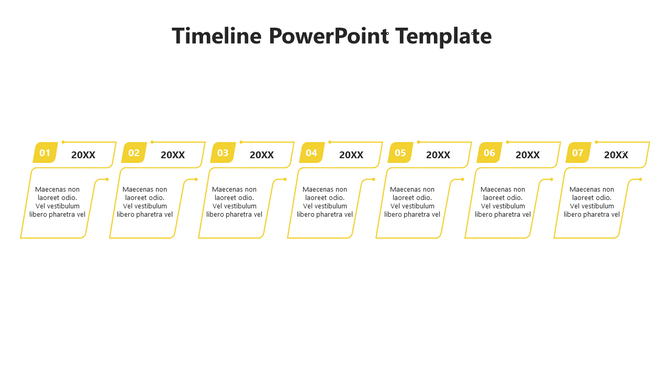 Structured yellow timeline with seven steps, each in a rectangular format, connecting events with descriptions below.