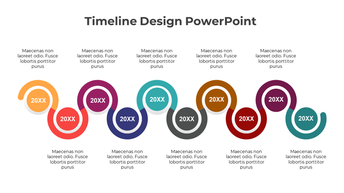 Dynamic process timeline with ten multicolored swirls connecting labeled milestones in an alternating wave like layout.