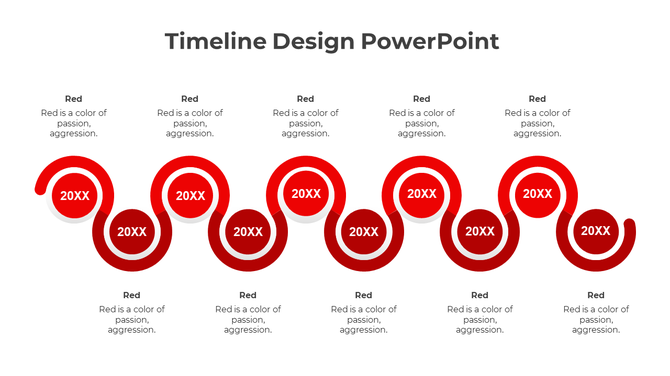 A wavy red timeline with ten circular milestones labeled 20XX, alternating between upper and lower positions with captions.