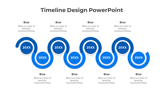 A blue wave style timeline PPT slide design featuring multiple steps and space for years.