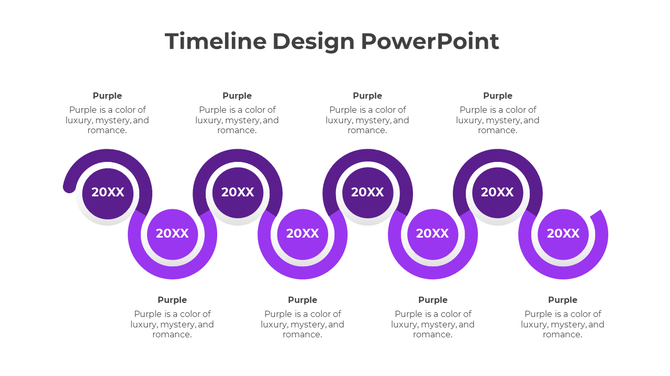Spiral timeline with five grey circular milestones labeled as '20XX' interconnected in a wave pattern.