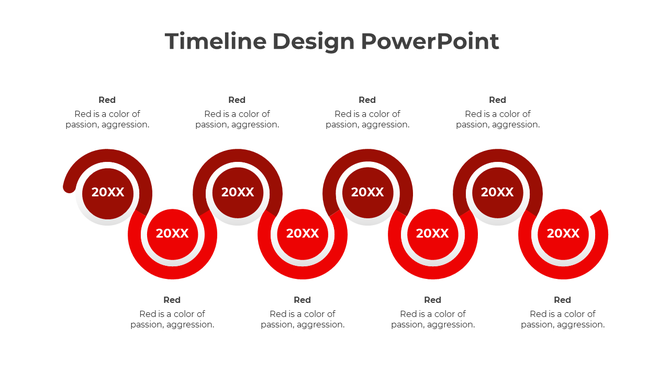 A red wavy timeline infographic with eight circular milestones, white text, and descriptions placed above and below the path.