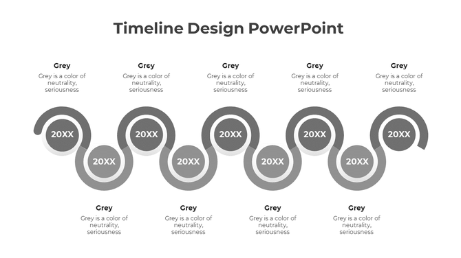 A timeline design PowerPoint slide with grey circular markers, representing different stages, with placeholder text.