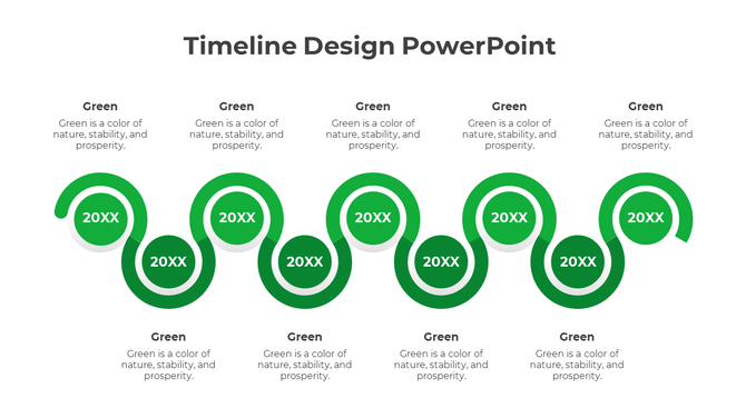 A curved green timeline with nine circular markers, each containing 20XX, connected in a continuous wave like flow.