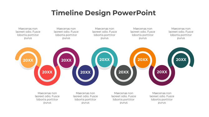 A colorful timeline PowerPoint template with circular design elements in various colors, representing different milestones.