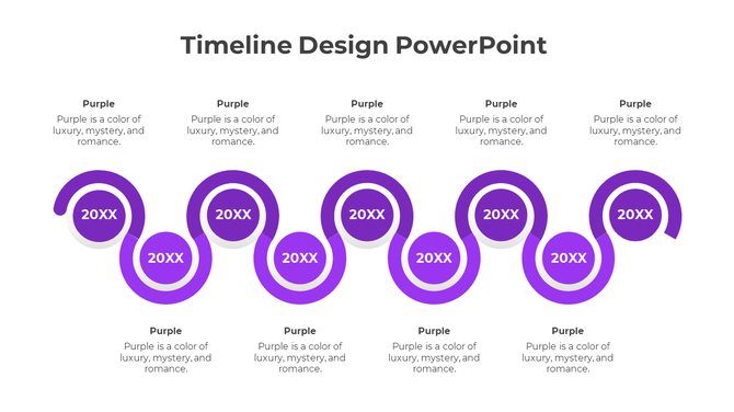 A timeline design PowerPoint slide with purple circular markers, representing different stages, with placeholder text.