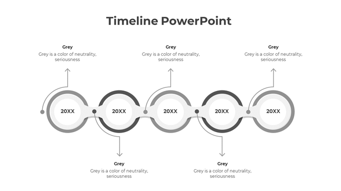 A grey colored timeline PPT template featuring circular markers with years 20XX and descriptive captions.