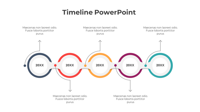 Green semicircle timeline slide displaying years 2015 to 2019, linked to business icons and descriptive captions.
