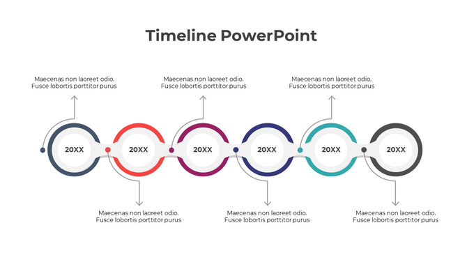 Six step multicolored timeline infographic with circular nodes, curved connectors, and placeholder text.