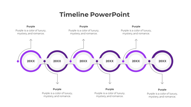 Horizontal grey timeline slide with six circular nodes displaying '20XX,' connected by wavy lines and directional arrows.