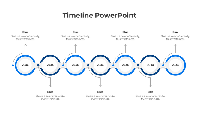 A blue themed timeline PowerPoint template with circles, arrows, and year labels with descriptions.