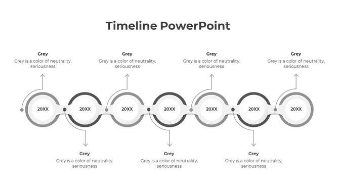 Vertical timeline slide with three yellow diamond milestones connected to circular nodes, linked to text boxes with icons.