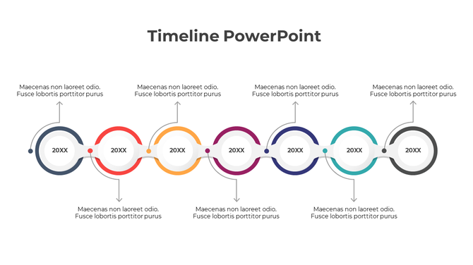 Seven linked circles in gray, red, orange, purple, blue, teal, and black, forming a curved horizontal timeline layout.