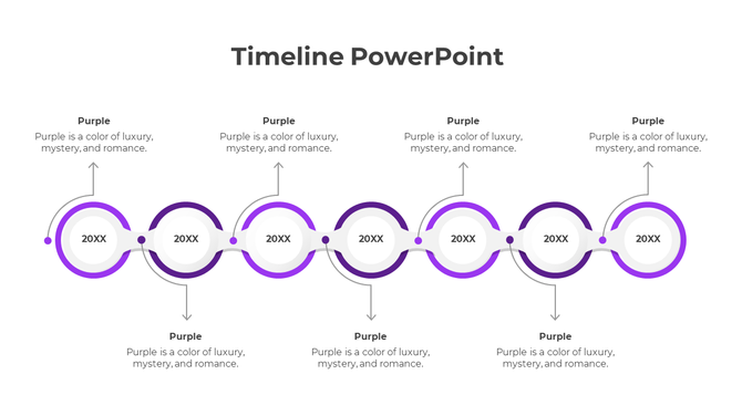 Horizontal timeline slide with six interconnected grey circular nodes labeled '20XX,' with arrows pointing up and down.