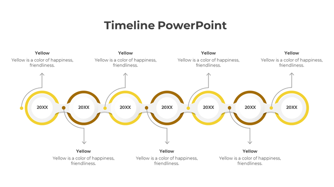 A cheerful yellow themed timeline PowerPoint template with circular markers, arrows, and year labels representing progress.