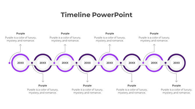Horizontal blue timeline with six circular nodes, captions displaying '20XX,' connected by wavy lines and directional arrows.
