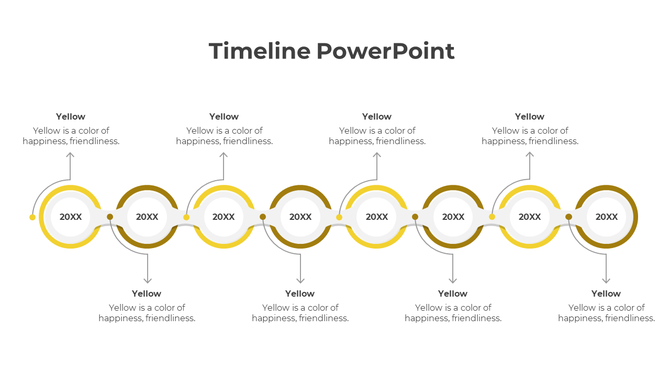 A simple timeline PPT template featuring a yellow theme with eight circular markers for each year.
