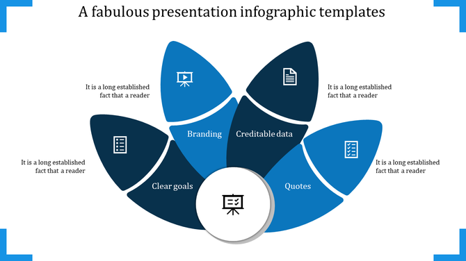 A vibrant blue infographic PPT slide featuring four sections labeled with key terms along with corresponding icons.