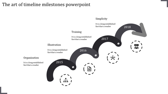 Wavy gray timeline with black dotted circular icons representing milestones from 2015 to 2018.